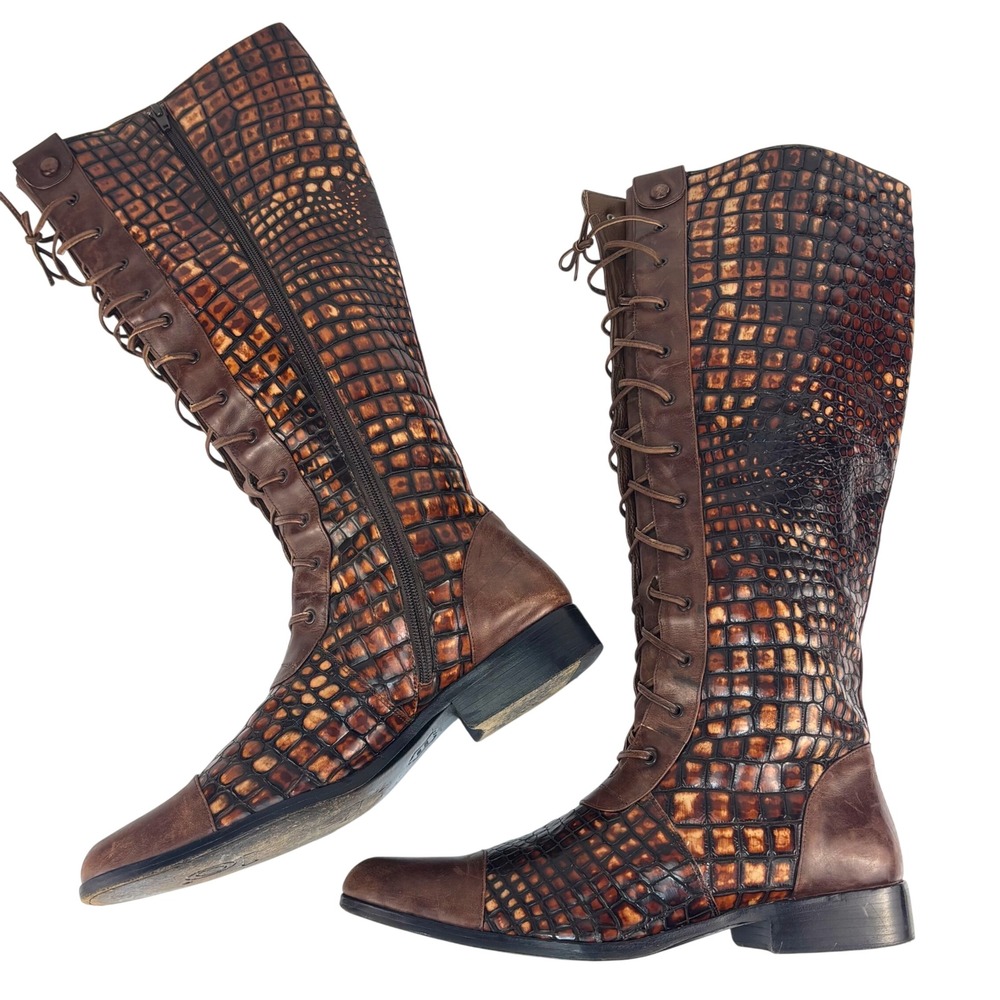 Bolo By BORN Croc Embossed Boots Tall Lace Up Brown Leather Steampunk 9.5 EU 41